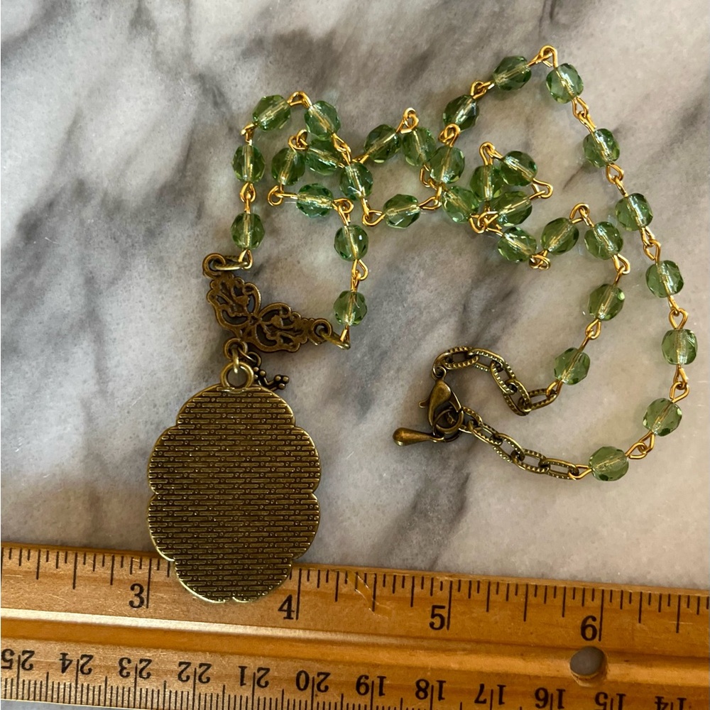 Vintage Style Guadalupe Cream on Green Cameo Necklace, Austrian Peridot Crystals - Picture 9 of 17